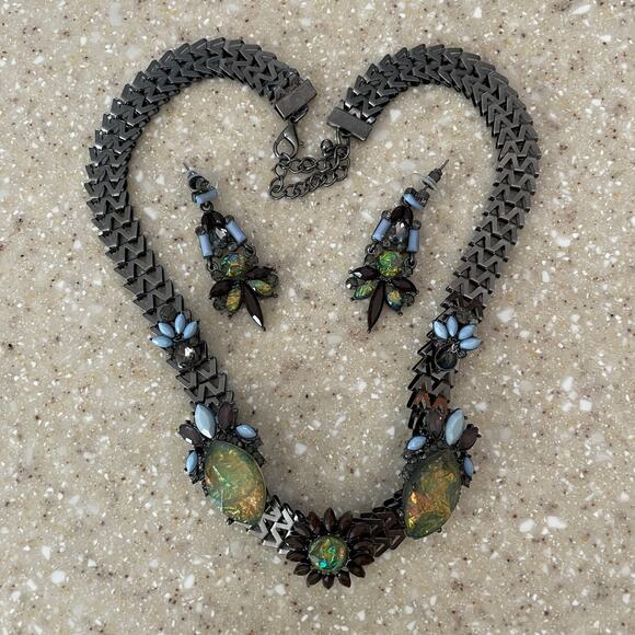 Black Metal & Colored Stones Link Necklace & Earrings - Picture 1 of 10
